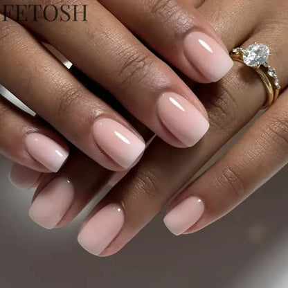 24Pcs Simple Square Head Fake Nail with Jelly Glue Pink White Gradient French Press on False Nails Short Full Cover Nail Tips