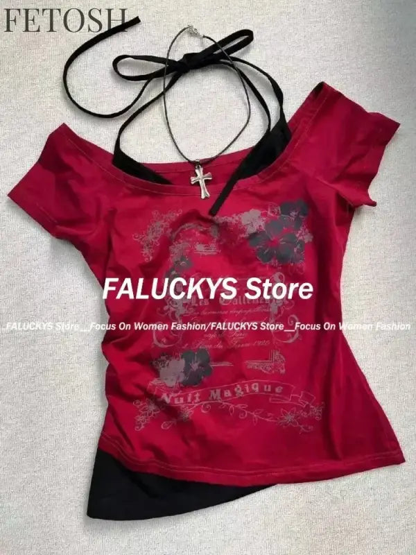 Y2K Retro Street Print T-shirt Fashion Streetwear Halter Neck Fake Two Piece Harajuku 2024 Summer Casual T-Shirt Women