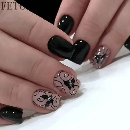 24Pcs Simple Square False Nails Short French Fake Nails Press on Colorful Flowers Design Full Cover Nail Tips Manicure Tools