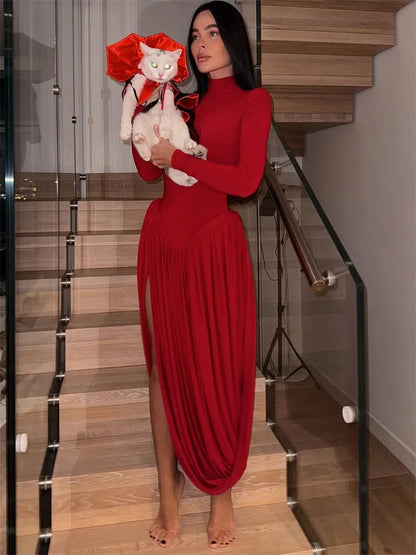 Tossy Backless Pleated Skinny Mini Dress Fashion Long Sleeve High Waist Patchwork Solid Elegant Party Dress Women Bandage Dress