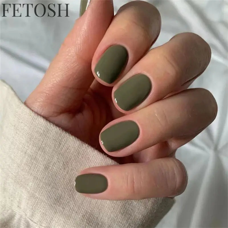 24Pcs/Set French Short Dark Green Press on Nail Art Full Coverage Removable Wearing False Nails Tips Adhesive Acrylic