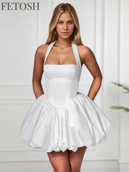 FSMG Sexy Solid Sleeveless Backless Halter Short Skirt Fashion Bow High Waist Slim A-line Dresses Summer Evening Party Vestidos