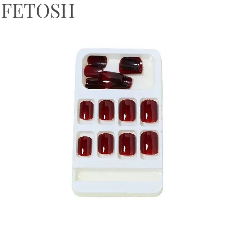 24Pcs Solid Color Wine Red Design Press on Nail Short Square False Nails Simple Detachable Finished Full Cover Nail Tips