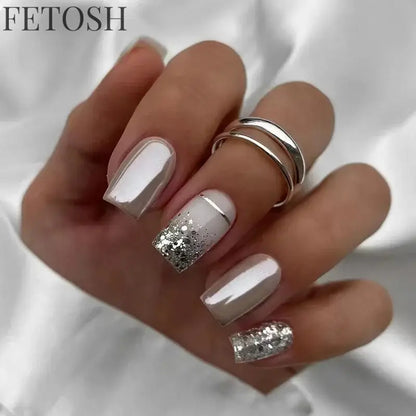24Pcs Shiny Pearl Wearable False Nails Short Square Fake Nail Simple Summer Press on Nails Detachable Full Cover Nail Tips