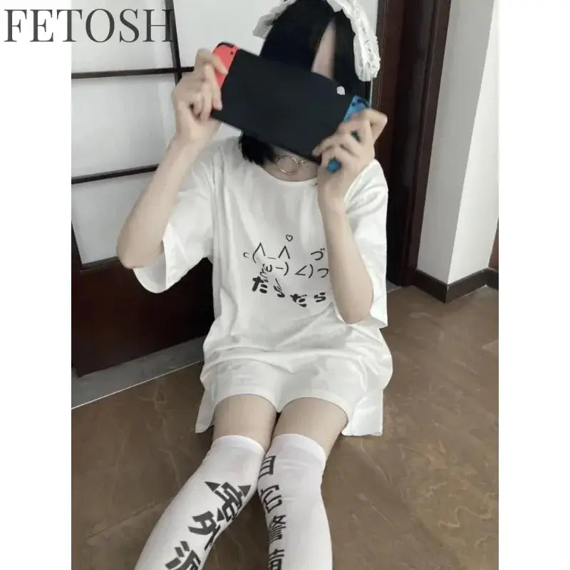 2024 Y2k Aesthetic Summer Loose Cute T-shirt Women Casual O Neck Japanese Cartoon Tops Short Sleeve Kawaii Sweet