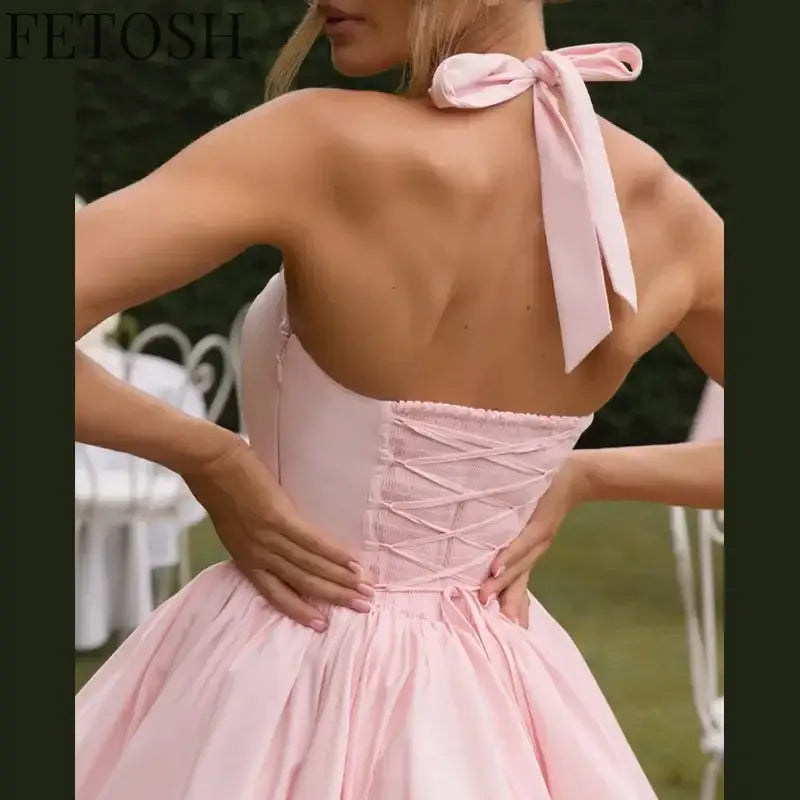 Sexy Lace-up Backless Pleated Halter Mini Dress Women Fashion Off Shoulder Puff Hem A-line Dresses 2025 Summer Lady Partywear