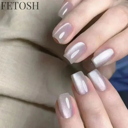 24pcs Crystal Cat Eye False Nails with Glue Short Square Press on Nails Shiny Red Jewel Nail Solid Color Fake Nails Minimalis