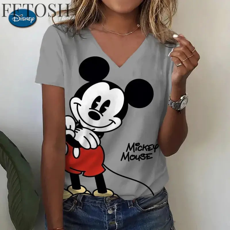 Women’s T-shirts Disney Mickey Mouse 3D print New V-neck Short Sleeve Summer Casual Women’s Clothing Harajuku Y2K Hip