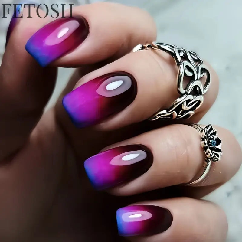 24Pcs Dark Blue Glossy Press on Nails Square False Nail with Glue Color Blending Acrylic Fake Nails Wearable Full Cover Nail Tip