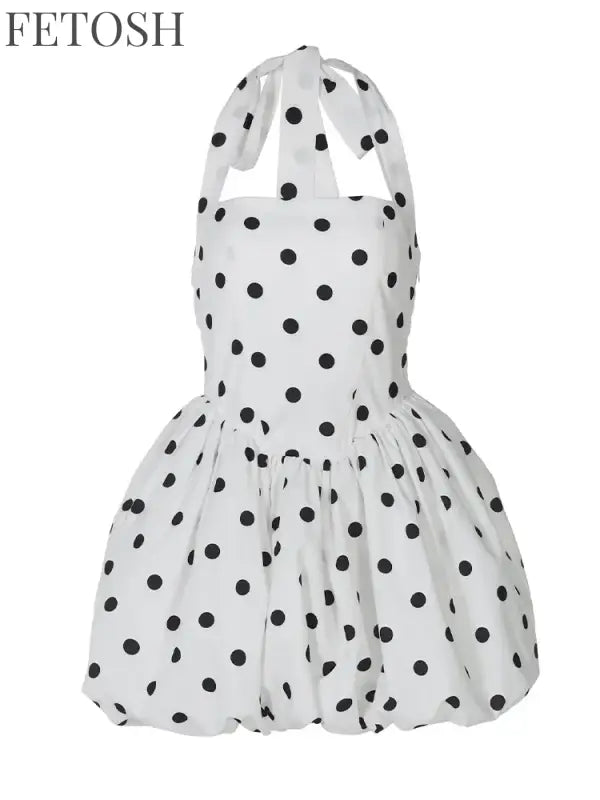Polka Dot Halter Strapless Dress Women Elegant Sleeveless Backless Waist Cinching Ball Gown Fashion Chic Ladies Evening