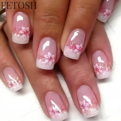 24Pcs Shiny Pearl Wearable False Nails Short Square Fake Nail Simple Summer Press on Nails Detachable Full Cover Nail Tips