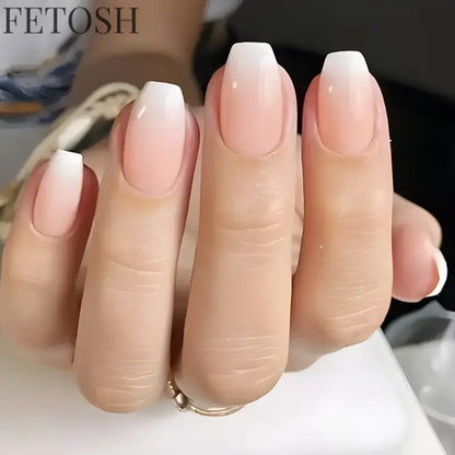24Pcs Simple Square Head Fake Nail with Jelly Glue Pink White Gradient French Press on False Nails Short Full Cover Nail Tips