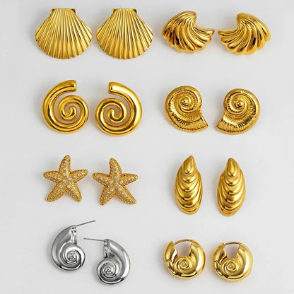 Punk Gold Plated Texture Stainless Steel Snail Conch Shell Earrings for Women Zircon Starfish Earring Summer Beach Jewelry Gifts