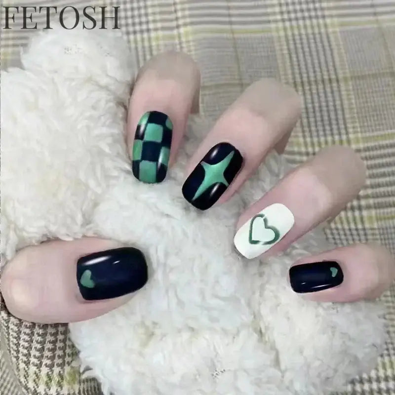 24pcs Short Cute False Nails Polka Dot Star Design Fake Nails Full Coverage Waterproof Removable Artificial Press on Nails