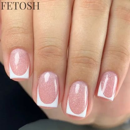 24Pcs Medium Short Square False Nails Glittering Nail Art White Wearable Fake Nail Silver French Full Cover Press on Nail Tips
