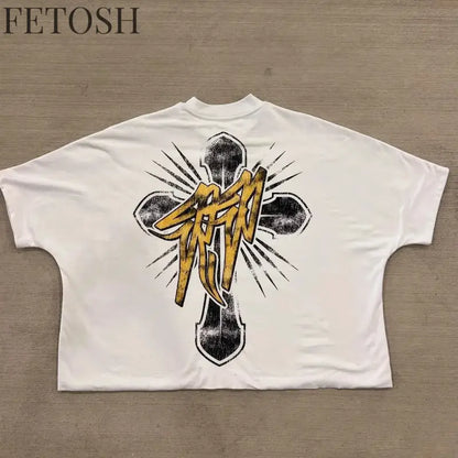 Streetwear Retro Clothing Mens Womens Harajuku Goth Cross Graphic Letter Print T Shirt Casual Cotton Seven Quarter Sleeves Tops