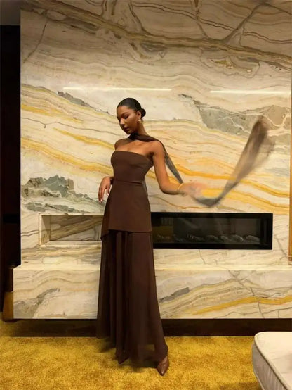 Mozision Elegant Strapless Sexy Maxi Dress For Women Gown With Scarf Off-shoulder Sleeveless Backless Split Beach Long Dress