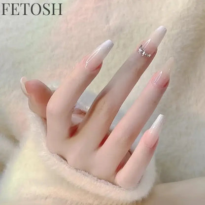 24pcs/Box Long Coffin False Nails Art Rose with Glue Wearable Nude Pink White Color Jelly Nails Tips Full Cover Press on Nails