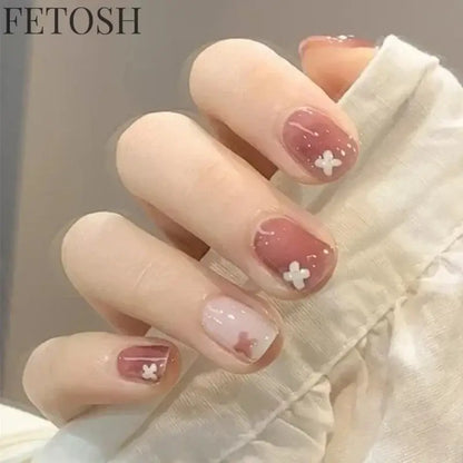 24pcs Short Cute False Nails Polka Dot Star Design Fake Nails Full Coverage Waterproof Removable Artificial Press on Nails