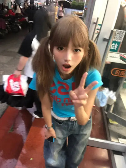 Karrram Japanese Y2k Letter Print T-shirt Trashy 2000s Style Crop Top Vintage Harajuku Short Sleeve Tee Shirt American Retro 90s