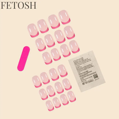 24Pcs/Set Women Girls Short French Light Blue Pink Dual Color Glossy Surface Full Coverage Wearable Fake Nail Press on Nail Art
