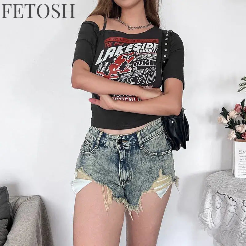 Gothic Tee Y2k Letter Print Off Shoulder Punk T-shirts Women Harajuku Summer Streetwear Grunge T Shirt Aesthetic Sexy