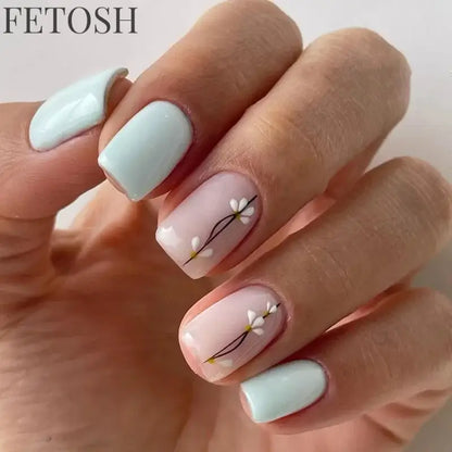 24Pcs Shiny Pearl Wearable False Nails Short Square Fake Nail Simple Summer Press on Nails Detachable Full Cover Nail Tips