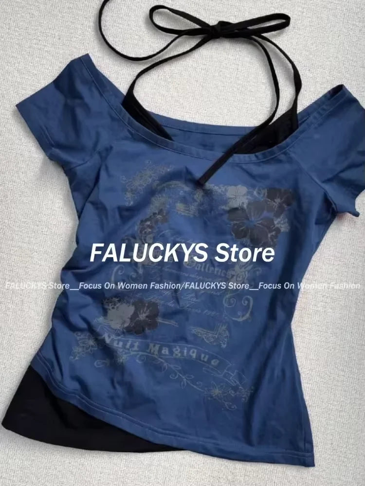 Y2K Retro Street Print T-shirt Fashion Streetwear Halter Neck Fake Two Piece Harajuku 2024 Summer Casual T-Shirt Women