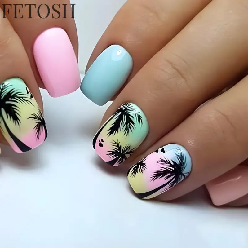 24Pcs Blue False Nails Gradient with French Design Wearable Fake Nails Gradient Short Coffin Full Cover Press on Nail