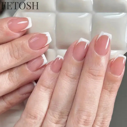 24Pcs Simple Square Head Fake Nail with Jelly Glue Pink White Gradient French Press on False Nails Short Full Cover Nail Tips