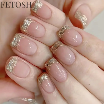 24Pcs Medium Short Square False Nails Glittering Nail Art White Wearable Fake Nail Silver French Full Cover Press on Nail Tips