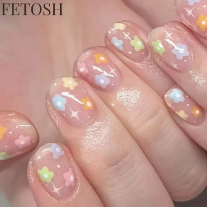 24Pcs Simple Square False Nails Short French Fake Nails Press on Colorful Flowers Design Full Cover Nail Tips Manicure Tools