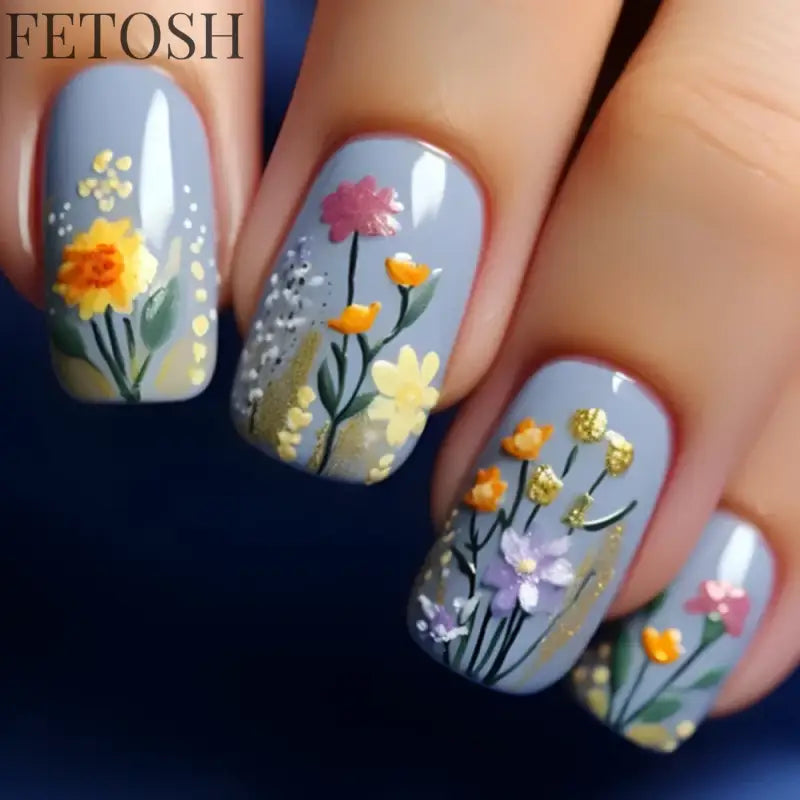 24Pcs Sweet Countryside Flowers False Nails Coffin with Jelly Glue Simple Flower Butterfly French Short Removable Wearable Nails
