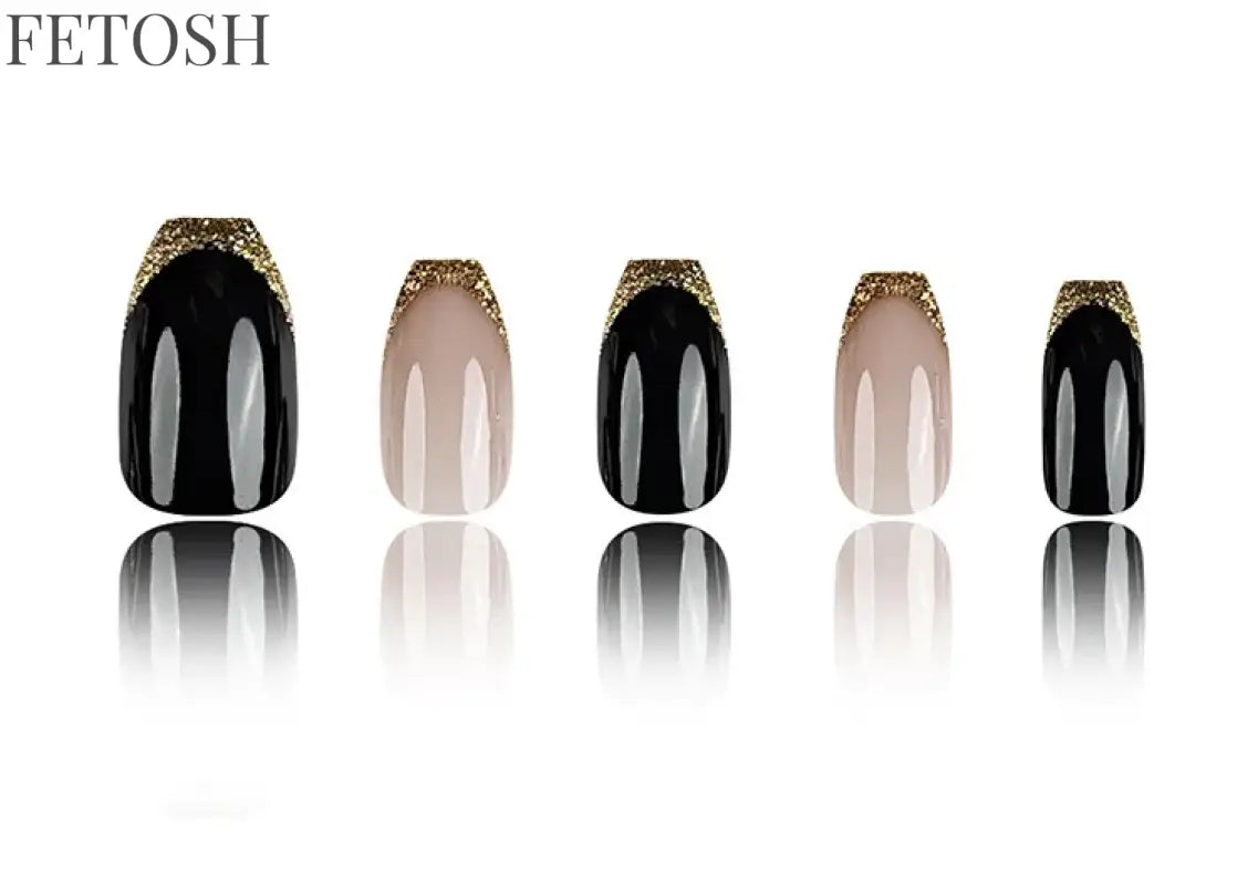 24Pcs Glossy Square Fake Nails Set Gold Powder Full Cover French False Nails Glitter Vintage Press on Acrylic Nail Manicure Tips