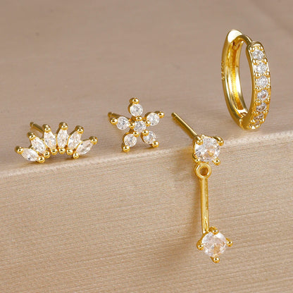 4PCS Stainless Steel Circle Huggie Hoop Earrings Set for Women Gold Color Unique Zircon Flower Stud Earring Piercing Jewelry