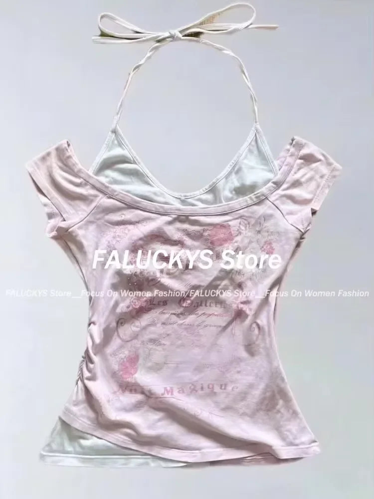 Y2K Retro Street Print T-shirt Fashion Streetwear Halter Neck Fake Two Piece Harajuku 2024 Summer Casual T-Shirt Women