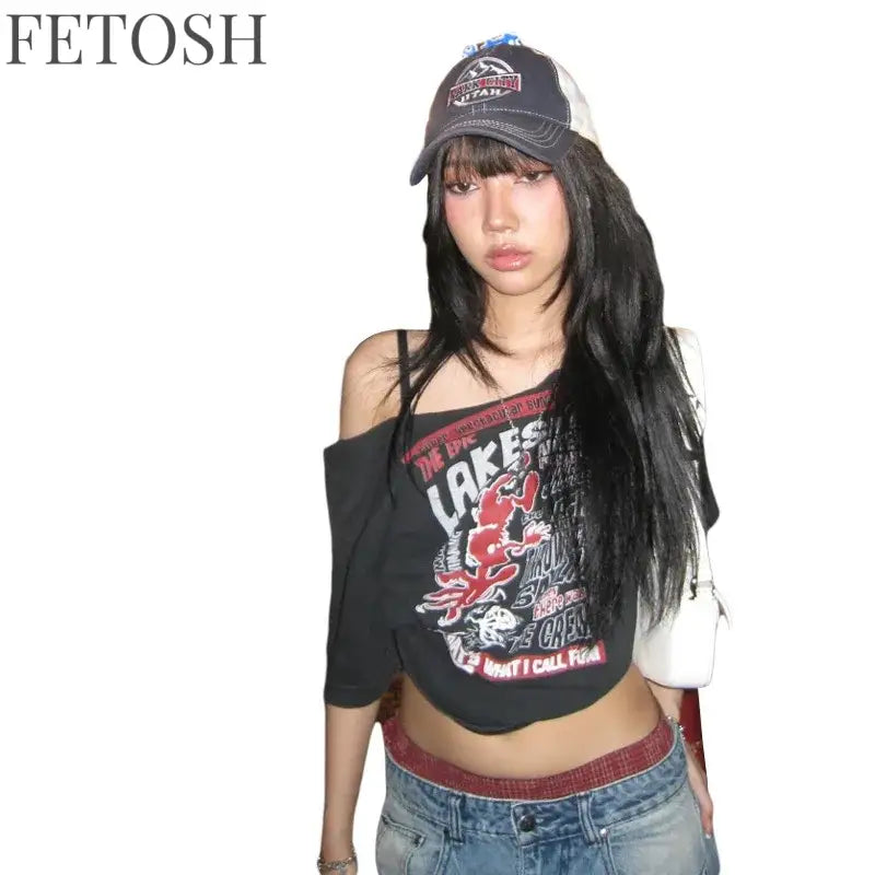 Gothic Tee Y2k Letter Print Off Shoulder Punk T-shirts Women Harajuku Summer Streetwear Grunge T Shirt Aesthetic Sexy