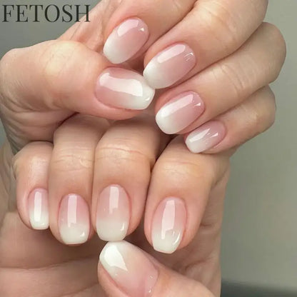 24Pcs Simple Square Head Fake Nail with Jelly Glue Pink White Gradient French Press on False Nails Short Full Cover Nail Tips