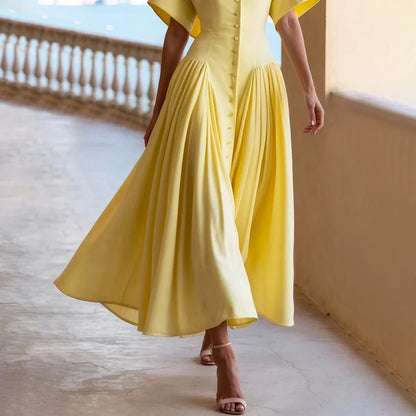 Modigirl Woman Summer Elegant Midi Dresses 2025 High Waist Lapel Neck Short Sleeves Buttoned Flowy A Line Shirt Dress for Women