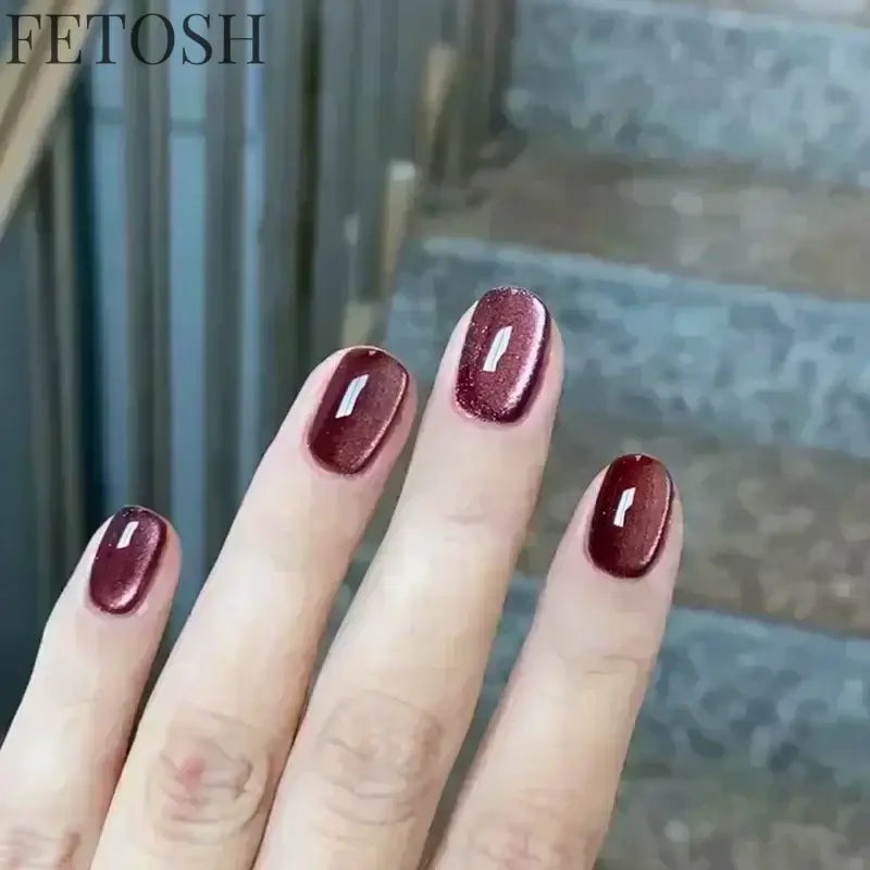 24pcs Crystal Cat Eye False Nails with Glue Short Square Press on Nails Shiny Red Jewel Nail Solid Color Fake Nails Minimalis