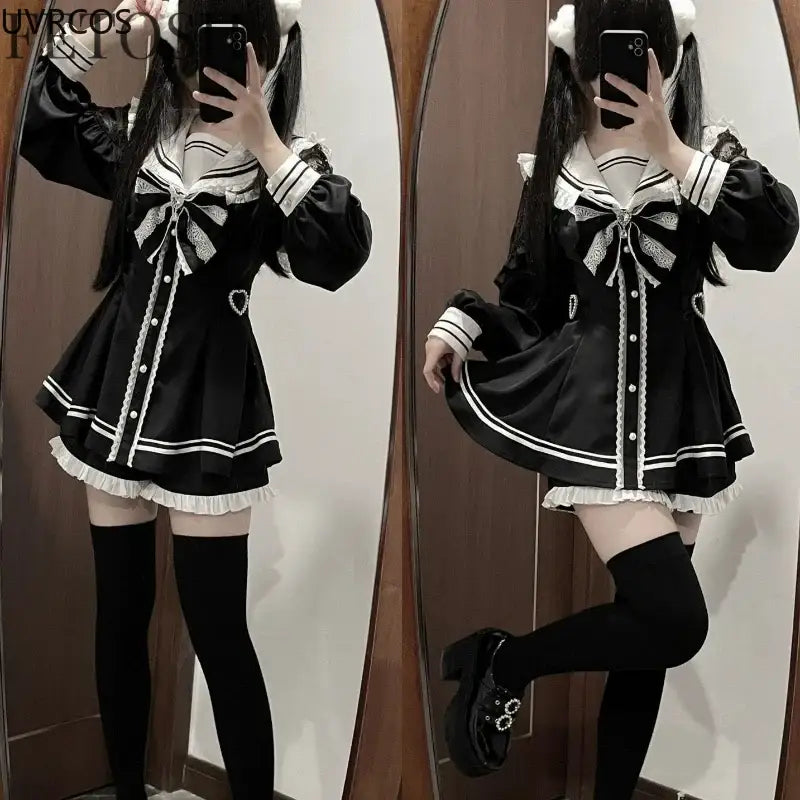 Japanese Style Gothic Y2k Lolita Bow Dress Shorts Set Women Vintage Sweet Long Sleeve Button Shirt Party Dresses Slim