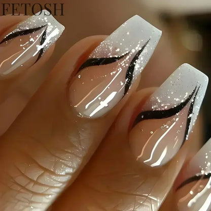 24Pcs Medium Short Square False Nails Glittering Nail Art White Wearable Fake Nail Silver French Full Cover Press on Nail Tips