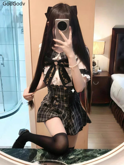 2025 Japanese Sweet Lolita Kawaii Dress Women Spring Printed Bow Fake Two Piece Dress Female Korea Style Design Party Clothing