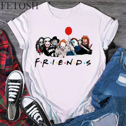 Friends T Shirt Best Stephen King Horror Characters Printed Cartoon Women Fashion Tops Oversized Tee Halloween Clothes Women