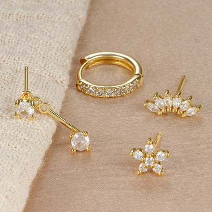 4PCS Stainless Steel Circle Huggie Hoop Earrings Set for Women Gold Color Unique Zircon Flower Stud Earring Piercing Jewelry