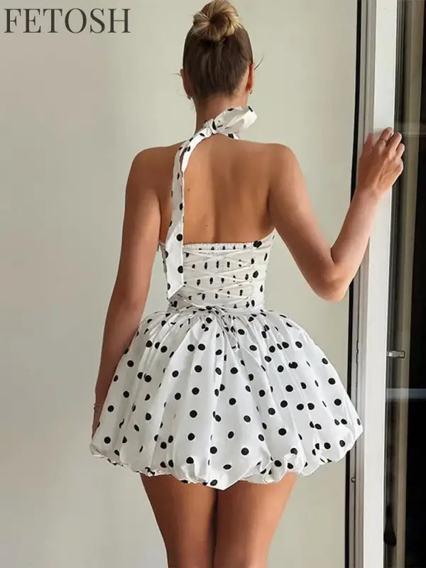 Polka Dot Halter Strapless Dress Women Elegant Sleeveless Backless Waist Cinching Ball Gown Fashion Chic Ladies Evening