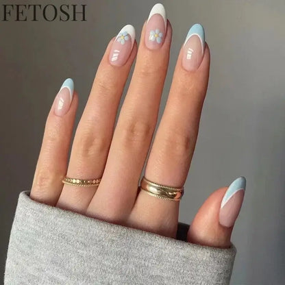 24Pcs Simple Green French False Nails Short Almond Fake Nails with Wave Line Design Wearable Round Head Press on Nail Tips