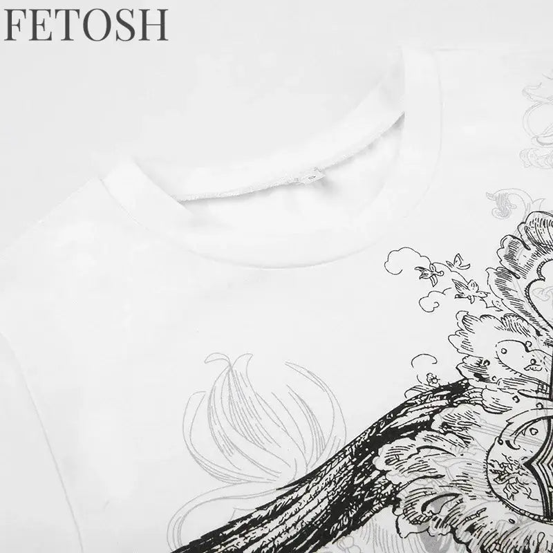 Retro Graphic Crop Top White Short Sleeve O Neck Casual T Shirt for Women y2k Aesthetic Vintage Basic Tees Ladies