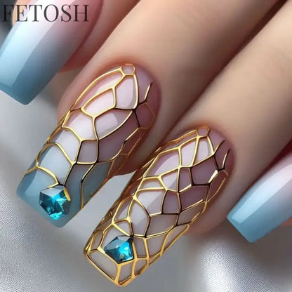 24Pcs Blue False Nails Gradient with French Design Wearable Fake Nails Gradient Short Coffin Full Cover Press on Nail Tips Art