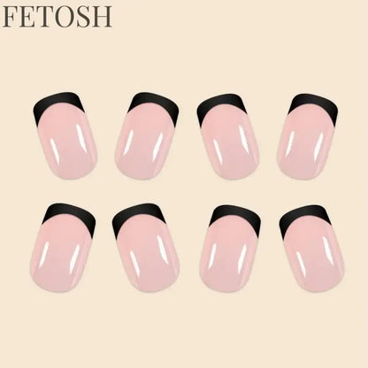 24Pcs/Set Women Girls Short French Light Blue Pink Dual Color Glossy Surface Full Coverage Wearable Fake Nail Press on Nail Art
